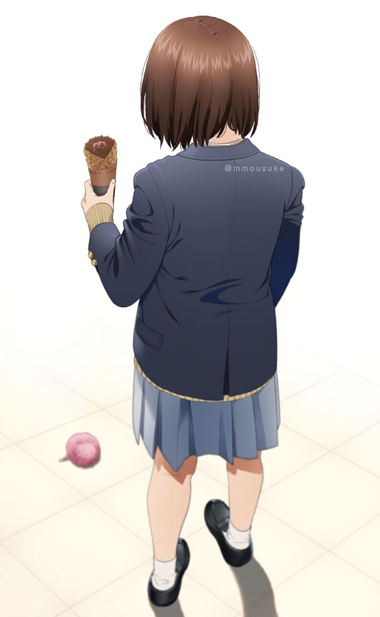 1girl black_footwear black_jacket blazer blue_skirt brown_sweater facing_away food from_behind full_body holding holding_food ice_cream ice_cream_cone jacket loafers mattaku_mousuke original pleated_skirt school_uniform shoes skirt socks solo spill standing sweater twitter_username watermark white_legwear