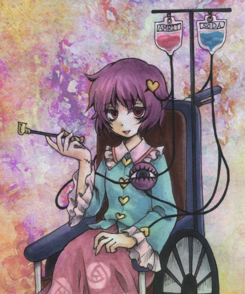 1girl blouse blue_blouse buttons commentary_request eyeball floral_print frills hair_ornament hairband heart heart_hair_ornament heart_of_string holding holding_pipe io_(maryann_blue) kiseru komeiji_satori long_sleeves open_mouth pink_skirt pipe purple_hair short_hair skirt third_eye touhou traditional_media violet_eyes wheelchair wide_sleeves