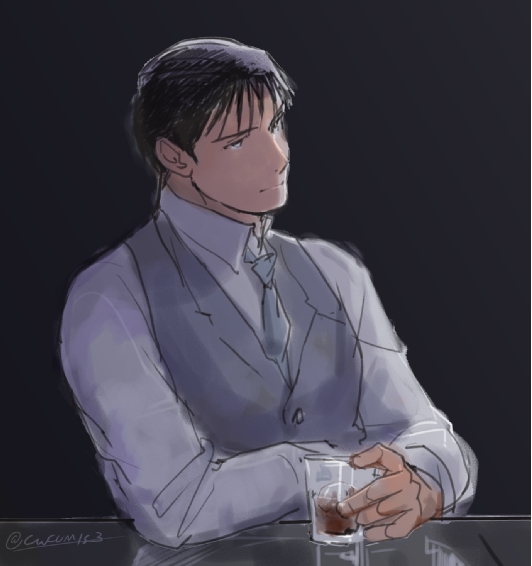 1boy arm_support black_background black_eyes black_hair buttons closed_mouth collared_shirt counter cup dark_background dress_shirt drink drinking_glass facing_viewer fullmetal_alchemist glass grey_necktie grey_vest hair_strand holding holding_cup ice ice_cube light_smile looking_afar male_focus necktie reflection roy_mustang shadow shirt simple_background spiky_hair tsurime urikurage vest white_shirt