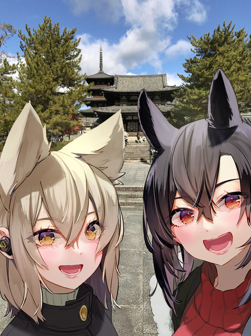 2girls :d animal_ears architecture blush clouds day earphones earphones east_asian_architecture hair_between_eyes horse_ears kurokoma_saki looking_at_viewer multiple_girls no_hat no_headwear outdoors photo_background pointy_hair red_eyes smile syuri22 touhou toyosatomimi_no_miko tree yellow_eyes