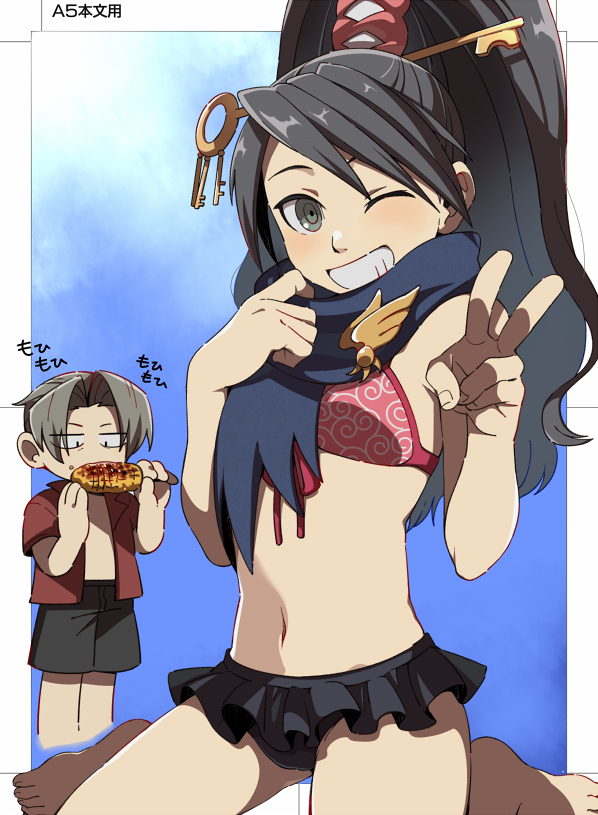 ;d ace_attorney bangs black_hair chibi corn ganbare_(hnct4244) grey_hair grin hand_up kay_faraday key_hair_ornament miles_edgeworth one_eye_closed parted_bangs ponytail scarf smile solo_focus swimsuit v