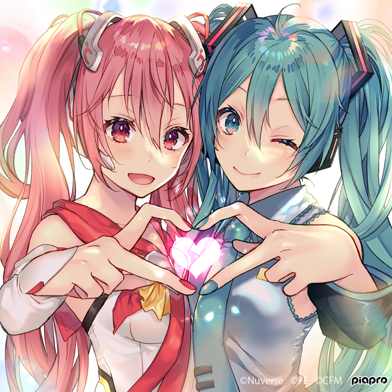 2girls :d ;) aqua_eyes aqua_hair character_request detached_sleeves figure_story hatsune_miku headphones heart heart_hands heart_hands_duo multiple_girls nail_polish necktie one_eye_closed piapro pink_hair red_eyes shiomizu_(swat) smile twintails vocaloid