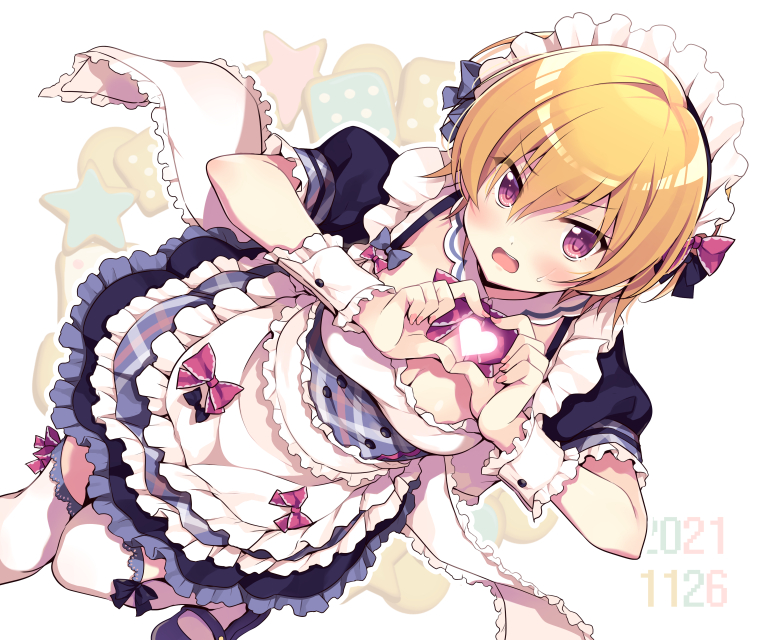 1girl alternate_costume apron black_dress black_footwear blonde_hair blush breasts commentary_request dated dress enmaided eyebrows_visible_through_hair frilled_cuffs frilled_sleeves frills frown heart heart_hands idolmaster idolmaster_shiny_colors lace-trimmed_legwear lace_trim leg_up looking_at_viewer maid maid_apron maid_headdress mary_janes medium_breasts odawara_hakone open_mouth puffy_short_sleeves puffy_sleeves saijou_juri shoes short_dress short_hair short_sleeves solo standing standing_on_one_leg sweatdrop thigh-highs violet_eyes white_apron white_background
