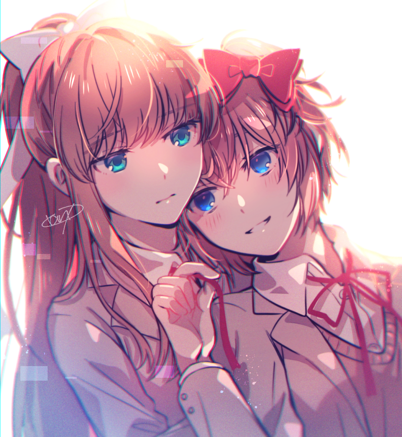 2girls aicedrop blazer blue_eyes bow brown_hair brown_jacket doki_doki_literature_club green_eyes hug hug_from_behind jacket long_hair monika_(doki_doki_literature_club) multiple_girls ponytail red_bow red_ribbon ribbon sayori_(doki_doki_literature_club) school_uniform short_hair smile tied_hair untying white_ribbon yuri