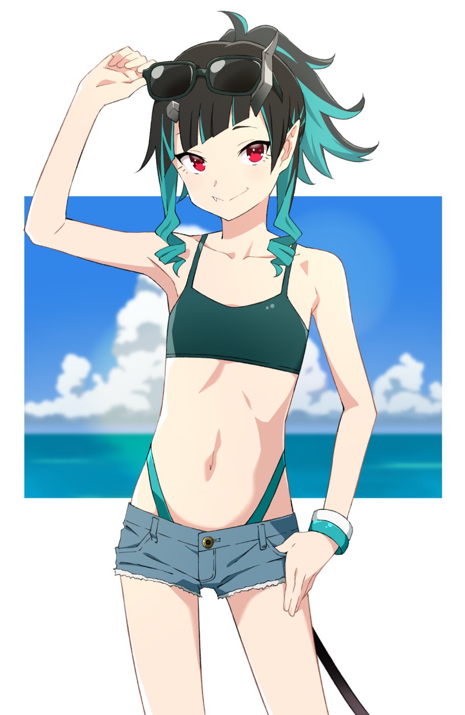 1girl akitetsu alternate_costume alternate_hairstyle arm_up armpits bangs black_hair blue_hair blue_panties blue_shorts blue_sky camisole closed_mouth clouds commentary_request cowboy_shot crop_top demon_girl demon_horns demon_tail drill_locks eyewear_on_head fang flat_chest green_camisole high_ponytail highleg highleg_panties highres horizon horns looking_at_viewer medium_hair multicolored_hair navel panties pointy_ears red_eyes shishio_chris short_shorts shorts sky smile solo sugar_lyric sunglasses tail two-tone_hair underwear virtual_youtuber wristband
