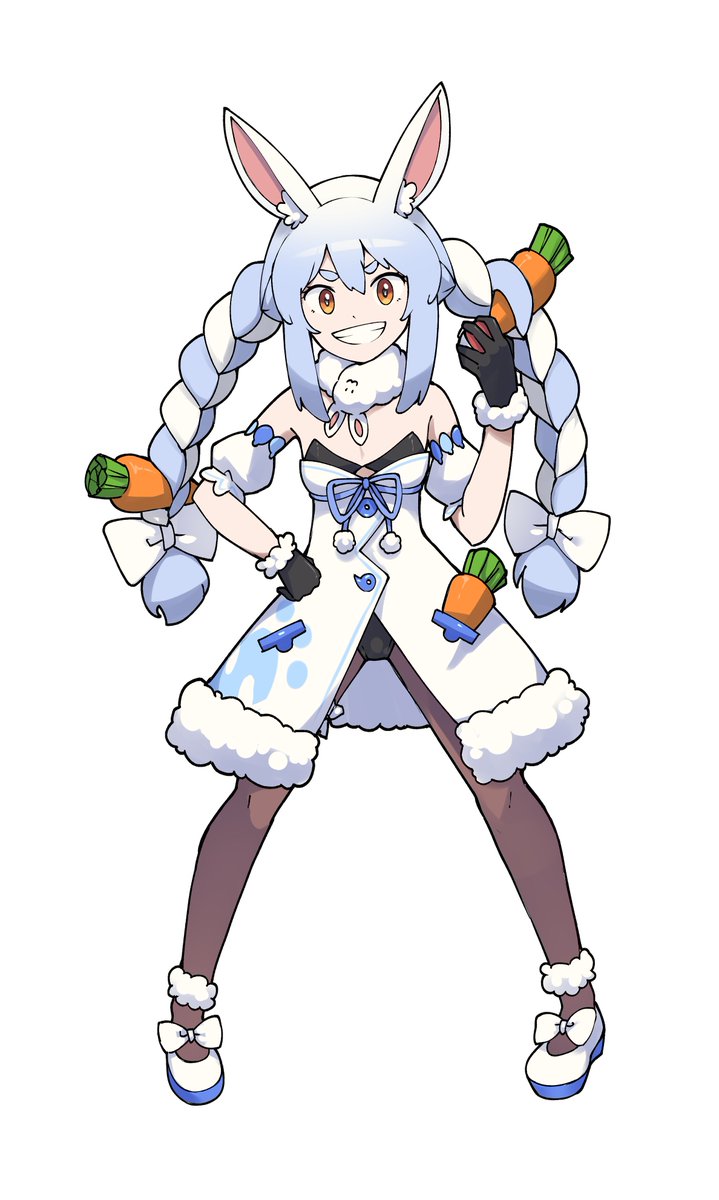1girl :d animal_ears bad_id bad_twitter_id bare_shoulders black_gloves black_leotard blue_hair bow braid carrot_hair_ornament eyebrows_visible_through_hair food-themed_hair_ornament gloves hair_between_eyes hair_bow hair_ornament hand_on_hip highres hololive leotard looking_at_viewer mary_janes pantyhose poke_ball pokemon rabbit_ears shoes smile solo thick_eyebrows twin_braids usada_pekora valefal_coneri white_background white_bow white_footwear