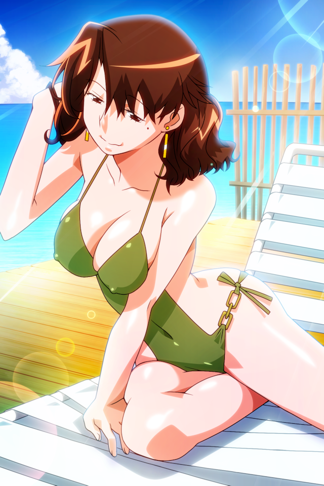 1girl adjusting_hair bangs beach_chair breasts brown_eyes brown_hair covered_navel covered_nipples day earrings feet_out_of_frame green_swimsuit jewelry kaori_(super_real_mahjong) large_breasts lens_flare light_rays long_hair mole mole_under_eye non-web_source official_art on_chair outdoors photoshop_(medium) sitting smile solo super_real_mahjong swimsuit tanaka_ryou yokozuwari