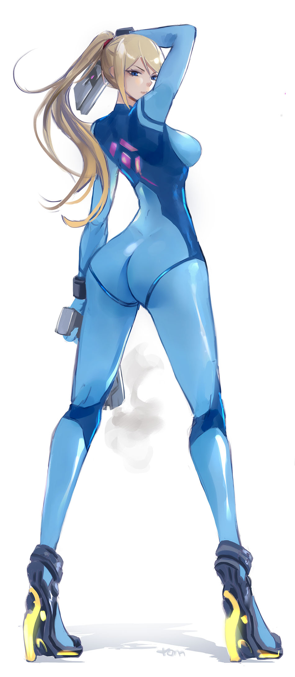 1girl arm_up artist_name ass blonde_hair blue_bodysuit blue_eyes blue_footwear bodysuit breasts eyelashes from_behind full_body gun high_heels high_ponytail highres holding holding_gun holding_weapon large_breasts legs long_legs looking_at_viewer metroid red_scrunchie samus_aran scrunchie shadow shiny shiny_clothes shiny_hair simple_background skin_tight smoke smoking_gun solo thighs tommy_(kingdukeee) weapon white_background zero_suit