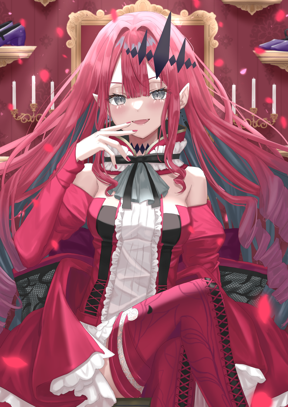 1girl bangs bare_shoulders boots breasts candle center_frills crossed_legs detached_collar detached_sleeves dress earrings fairy_knight_tristan_(fate) fate/grand_order fate_(series) frills grey_eyes highres jewelry large_breasts long_hair looking_at_viewer open_mouth pink_hair pointy_ears red_dress red_footwear sakurasakimasu4 sidelocks sitting smile solo thigh-highs thigh_boots thighs tiara