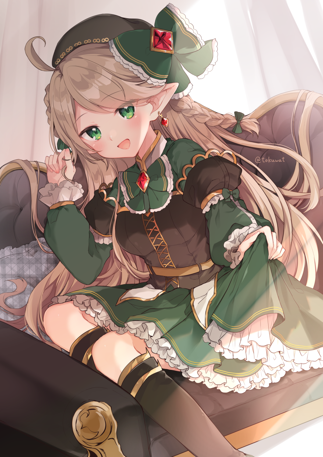 1girl :d beret black_headwear black_legwear black_shirt bow braid brown_hair commentary_request couch curtains day feet_out_of_frame frilled_pillow frilled_skirt frills fukunoki_tokuwa green_bow green_eyes green_skirt hat hat_bow highres kneehighs layered_sleeves long_hair long_sleeves looking_at_viewer on_couch original pillow plaid_pillow pleated_skirt pointy_ears puffy_short_sleeves puffy_sleeves shirt short_over_long_sleeves short_sleeves skirt skirt_hold smile solo sunlight twitter_username unmoving_pattern very_long_hair