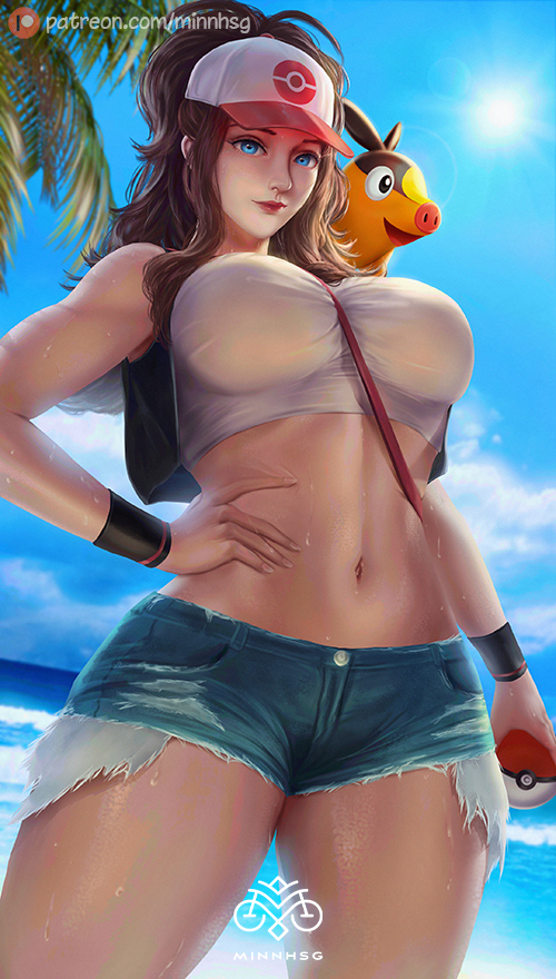 1girl brown_hair hat hilda_(pokemon) minnhsg pixiv pokemon pokemon_(creature) pokemon_(game) ponytail realistic shorts tepig