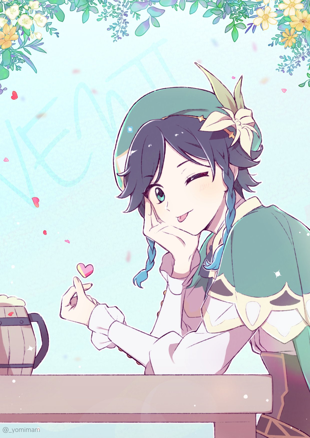 1boy androgynous bangs beret black_hair blue_hair bow braid character_name closed_mouth collared_cape collared_shirt commentary corset cup english_commentary english_text eyebrows_visible_through_hair falling_petals flower frilled_sleeves frills genshin_impact gradient_hair green_eyes green_headwear hat hat_flower heart heart_hands highres leaf long_sleeves looking_at_viewer male_focus mug multicolored_hair one_eye_closed petals shirt short_hair_with_long_locks side_braids sidelocks solo tongue twin_braids venti_(genshin_impact) white_flower white_shirt yellow_flower yomimam
