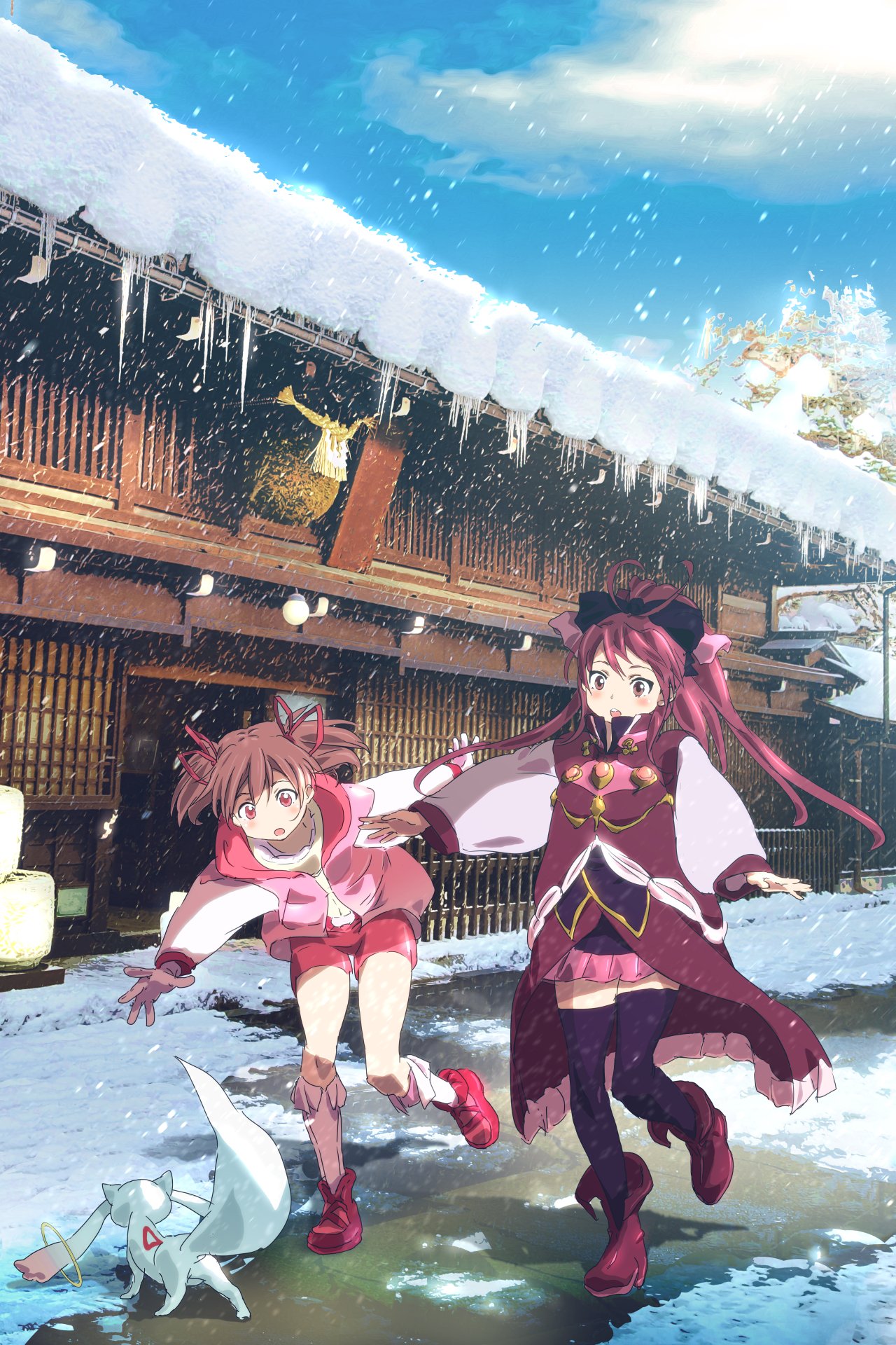 2girls architecture east_asian_architecture highres jacket kaname_madoka kyubey long_sleeves mahou_shoujo_madoka_magica miniskirt multiple_girls outdoors outstretched_arms pink_eyes pink_hair ponytail red_eyes redhead sakura_kyouko shorts skirt snow snowing twintails washu_junkyu