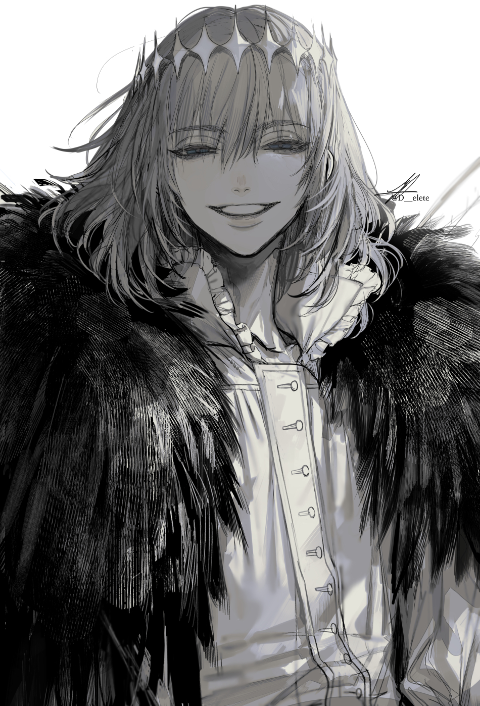 1boy au_(d_elite) buttons cape coat crown evil_smile fate/grand_order fate_(series) fur-trimmed_cape fur-trimmed_coat fur_trim greyscale half-closed_eyes highres looking_at_viewer male_focus medium_hair monochrome oberon_(fate) shirt smile solo spoilers spot_color upper_body