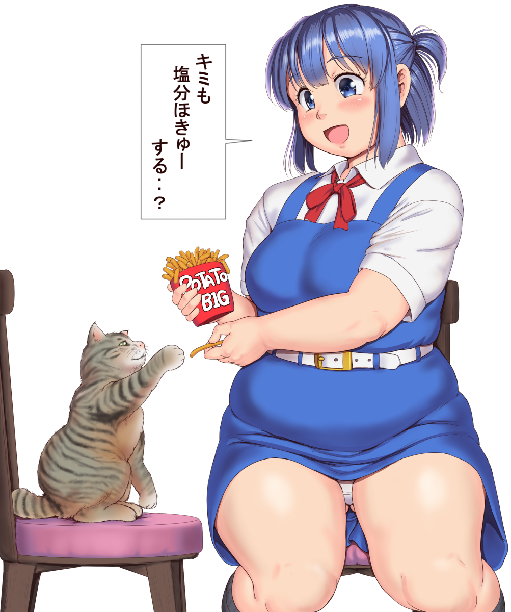 ... 1girl animal_ears arm_up bangs belt belt_buckle blue_dress blue_eyes blue_hair blush breasts buckle cat chair commentary_request dress eyebrows_visible_through_hair fat_step-sister_(orizen) feet_out_of_frame food french_fries green_eyes grey_legwear highres holding holding_food kneehighs looking_at_animal medium_hair open_mouth original orizen panties pinafore_dress plump red_neckwear shirt short_sleeves sidelocks simple_background sitting smile speech_bubble spoken_ellipsis tabby_cat tail tareme thick_arms thick_thighs thighs translated underwear whiskers white_background white_shirt wing_collar