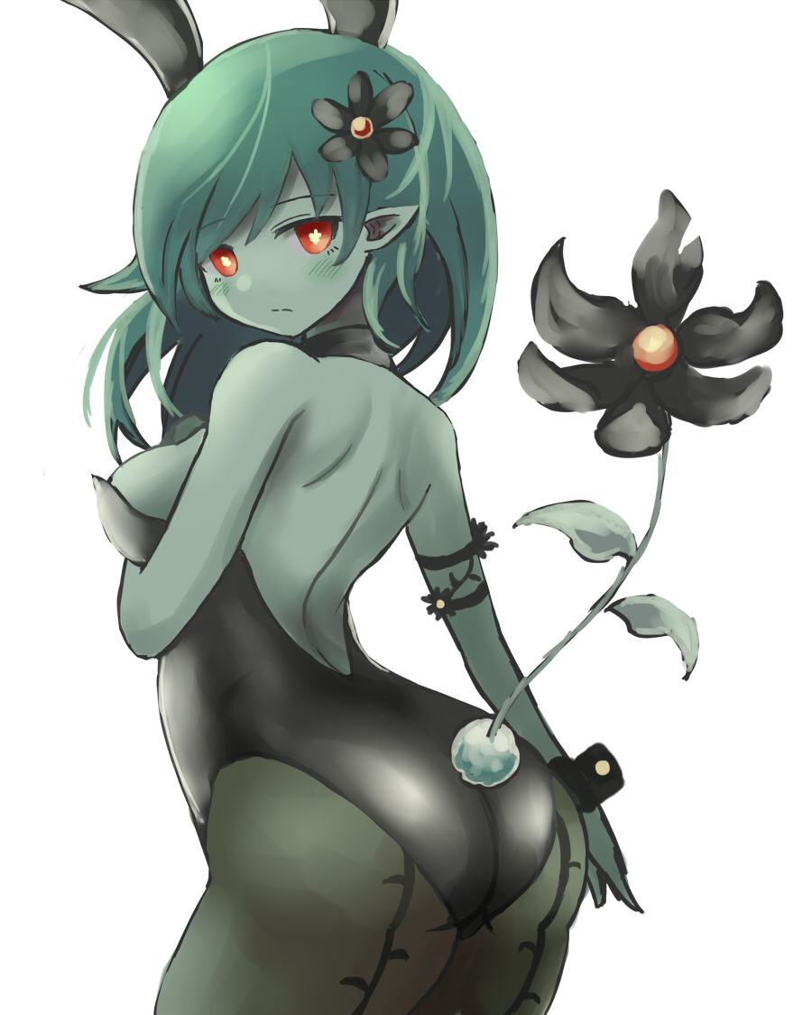 1girl animal_ears aoiyamagi4 ass backless_outfit bangs black_flower black_legwear blush colored_skin commentary flower frown green_skin hair_flower hair_ornament long_hair looking_at_viewer monster_girl original plant_girl playboy_bunny pointy_ears rabbit_ears rabbit_tail red_eyes solo tail white_background