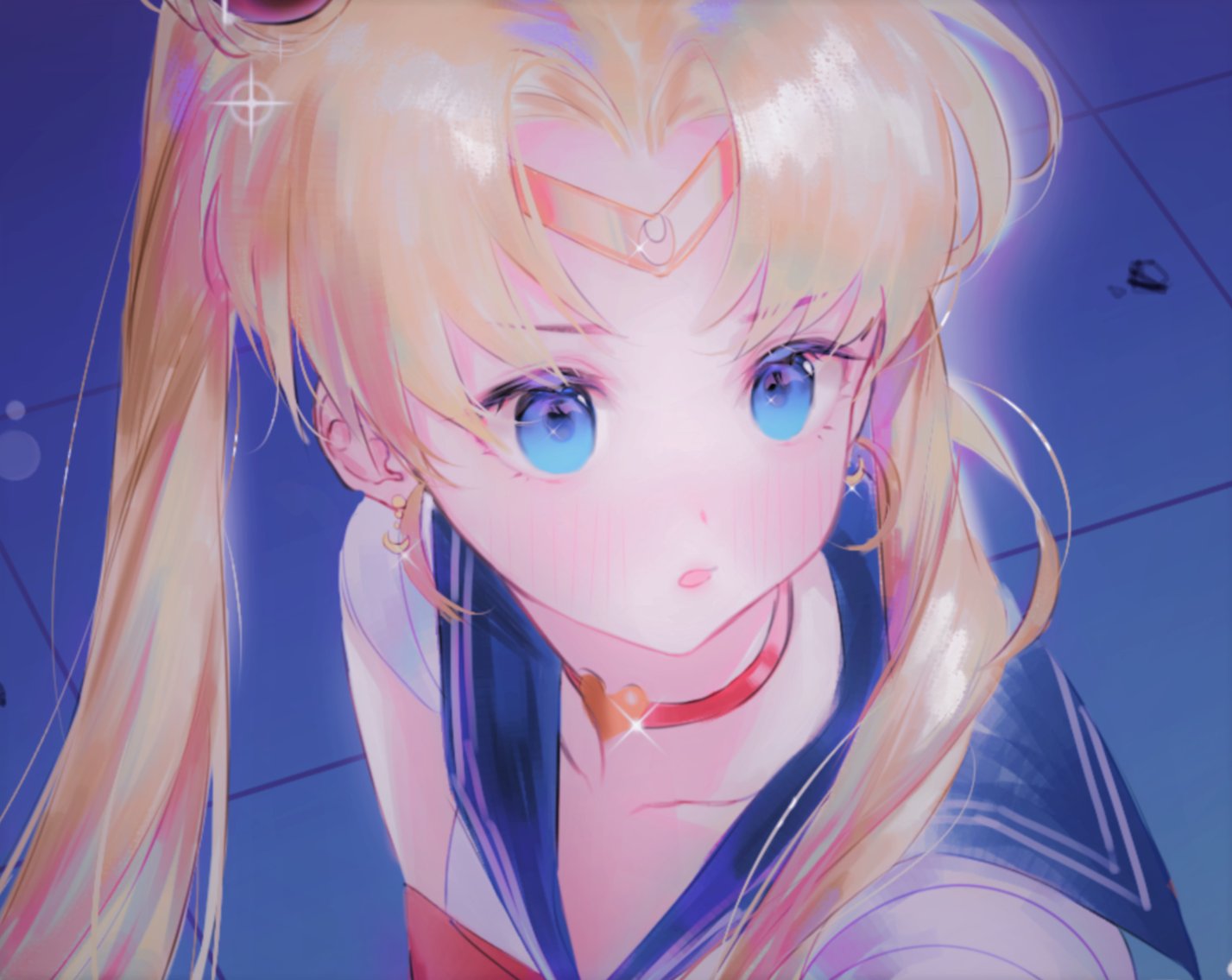 1girl 4656 bangs bishoujo_senshi_sailor_moon blonde_hair blue_eyes blush collarbone crescent crescent_earrings earrings from_above glint jewelry meme parted_lips sailor_collar sailor_moon_redraw_challenge_(meme) solo tile_floor tiles tsukino_usagi twintails upper_body