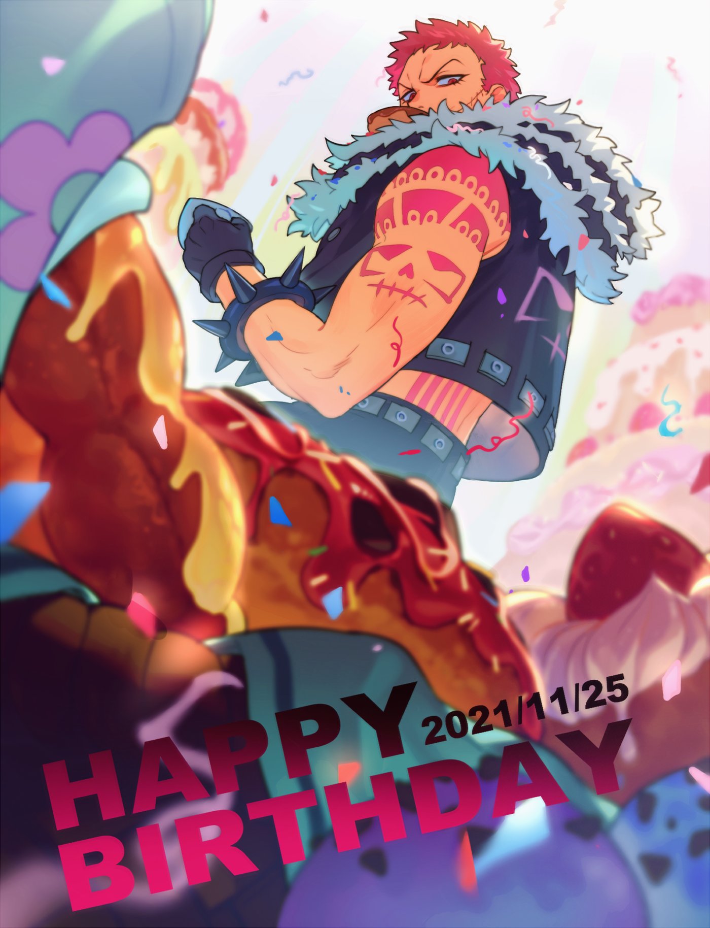 1boy bracelet charlotte_katakuri confetti doughnut food from_side fur-trimmed_jacket fur_trim happy_birthday highres jacket jewelry male_focus one_piece qin_(7833198) scarf scarf_over_mouth sleeveless solo spiked_bracelet spikes sweets tattoo