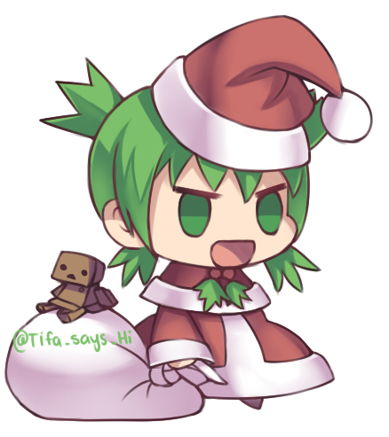 1girl :d bangs capelet christmas coat commentary fur-trimmed_capelet fur_trim green_eyes green_hair hat holding holding_sack koiwai_yotsuba long_sleeves lowres meme open_mouth padoru_(meme) red_capelet red_coat red_headwear sack santa_hat simple_background smile solo standing tifa-amakura tongue twitter_username white_background yotsubato!