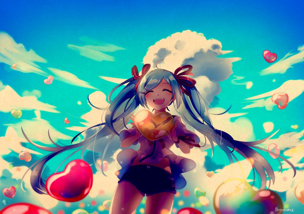 1girl artist_name backlighting balloon black_shorts blouse blue_hair blue_sky blush bow closed_eyes clothes_lift clouds cloudy_sky condensation_trail cowboy_shot day dot_nose facing_viewer hair_ornament hairclip hamudetsu hatsune_miku heart heart_balloon holding holding_heart laughing light_particles long_hair midriff_peek open_mouth outdoors red_bow ribbon sekiranun_graffiti_(vocaloid) shorts sky solo striped striped_bow teeth thighs too_many too_many_balloons twintails upper_teeth very_long_hair vocaloid white_blouse wide_sleeves wind wind_lift wrist_ribbon