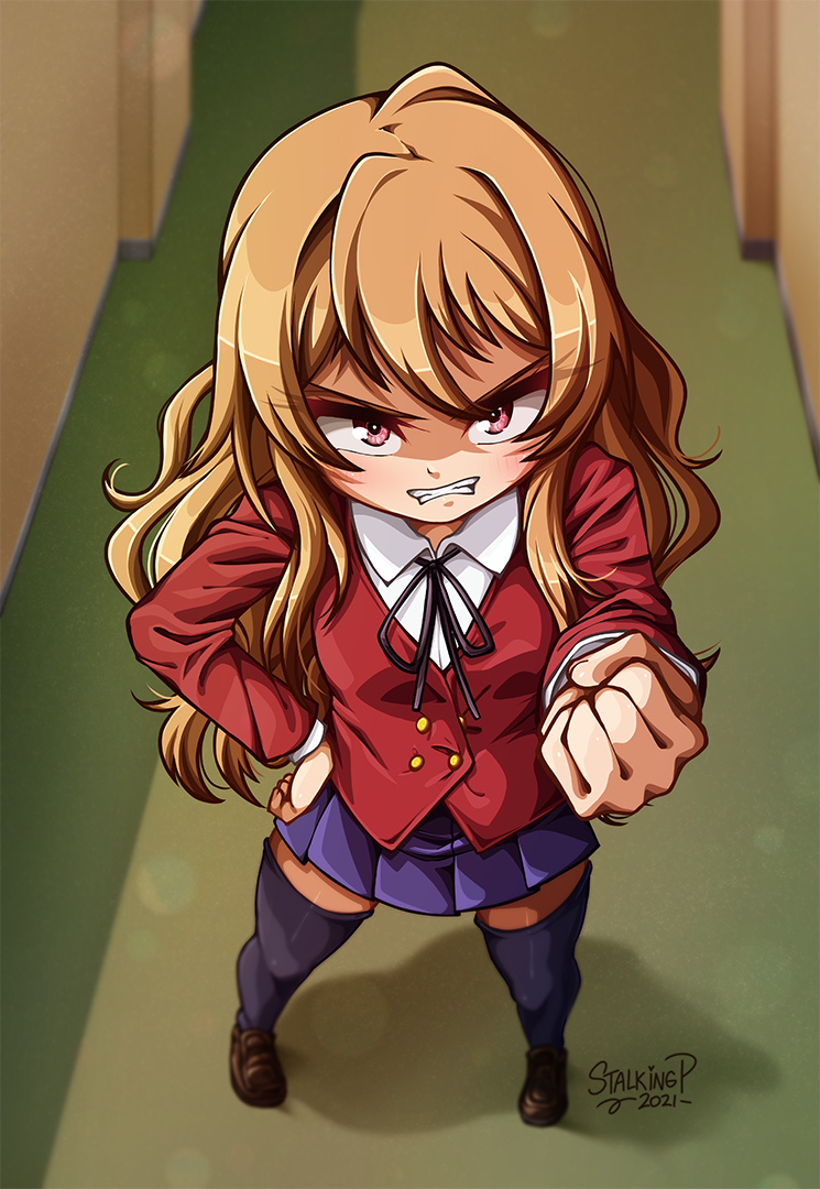 1girl aisaka_taiga angry artist_name bangs black_legwear black_ribbon blazer blurry blurry_background blush breasts brown_footwear brown_hair buttons clenched_teeth commentary dated depth_of_field double-breasted eyelashes foreshortening from_above hallway hand_on_hip jacket loafers long_hair looking_at_viewer looking_up neck_ribbon oohashi_high_school_uniform perspective pleated_skirt purple_skirt red_eyes red_jacket ribbon sanpaku school_uniform scowl shadow shoes signature skirt small_breasts solo stalkingp standing teeth thigh-highs toradora! tsundere v-shaped_eyebrows v-shaped_eyes zettai_ryouiki