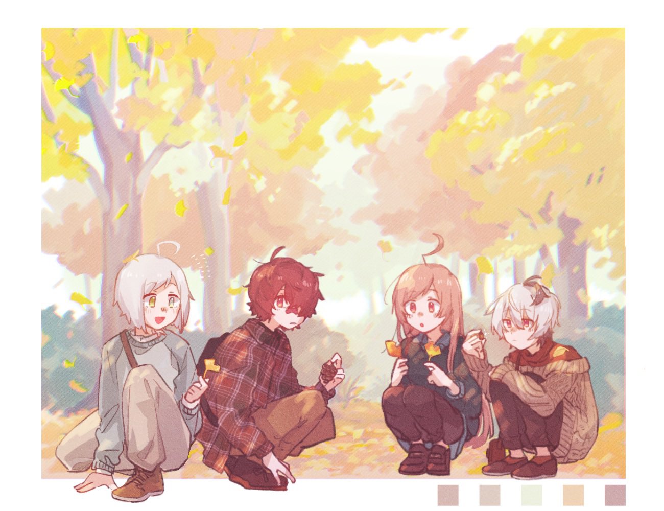 2boys 2girls acorn ahoge autumn_leaves bag bandaid bandaid_on_nose black_sweater blue_eyes brown_pants brown_sweater color_guide commentary falling_leaves flower_(vocaloid) fukase ginkgo_leaf green_eyes heterochromia holding holding_leaf hugging_own_legs leaf long_hair looking_at_viewer mi_no_take multicolored_hair multiple_boys multiple_girls pants pinecone pink_eyes pink_hair plaid plaid_shirt red_eyes redhead scenery school_bag sf-a2_miki shirt short_hair shoulder_bag squatting streaked_hair sweater tree utatane_piko v_flower_(vocaloid4) vocaloid white_hair yellow_leaves