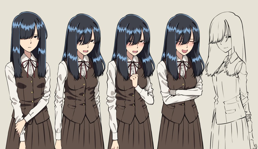 1girl amamiya_yumi beige_background black_hair blush character_sheet covered_eyes expressions hair_over_eyes hair_over_one_eye jimiko laughing long_hair long_skirt looking_at_viewer multicolored_hair nerdy_girl's_story shirt_tucked_in simple_background skirt smile solo standing streaked_hair tented_shirt urin