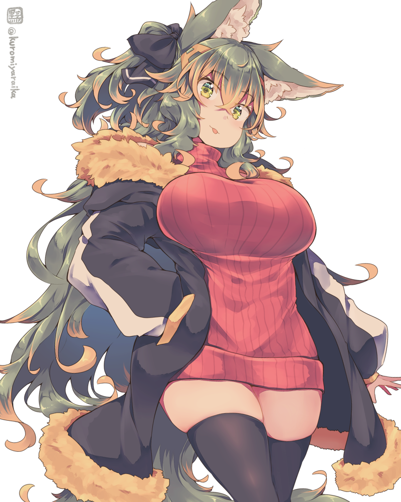 1girl :p animal_ear_fluff animal_ears black_bow black_jacket black_legwear bow breasts commentary_request eyebrows_visible_through_hair fur-trimmed_jacket fur_trim green_eyes green_hair hair_between_eyes hair_bow hand_in_pocket jacket kuromiya kuromiya_raika large_breasts long_hair long_sleeves looking_at_viewer multicolored_hair original red_sweater simple_background solo sweater tail thigh-highs thighs tongue tongue_out twitter_username two-tone_hair white_background