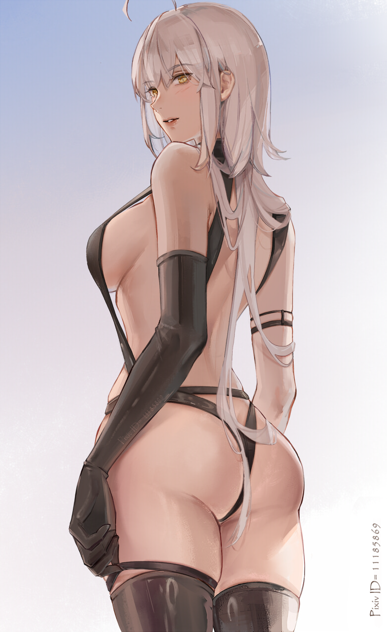 1girl ahoge ass back bangs bare_shoulders black_gloves black_legwear black_panties breasts commentary_request cowboy_shot elbow_gloves eyebrows_visible_through_hair fate/grand_order fate_(series) from_behind gloves highres jeanne_d'arc_(alter)_(fate) jeanne_d'arc_(fate) large_breasts long_hair looking_at_viewer looking_back panties parted_lips revision rifu_(643763873) silver_hair smile solo standing thigh-highs underwear yellow_eyes