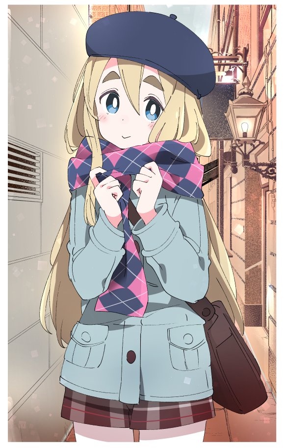 1girl bag bangs beret blonde_hair blue_eyes blue_headwear blue_jacket blue_scarf blush border brick_wall bright_pupils brown_bag building closed_mouth cowboy_shot eyebrows_visible_through_hair hair_between_eyes hands_up hat holding holding_clothes holding_scarf ixy jacket k-on! kotobuki_tsumugi lamp light_bulb long_hair long_sleeves looking_at_viewer messenger_bag multicolored_clothes multicolored_scarf outdoors pink_scarf plaid plaid_scarf plaid_shorts scarf shorts shoulder_bag sidelocks sign sky smile solo standing thick_eyebrows very_long_hair white_border white_pupils