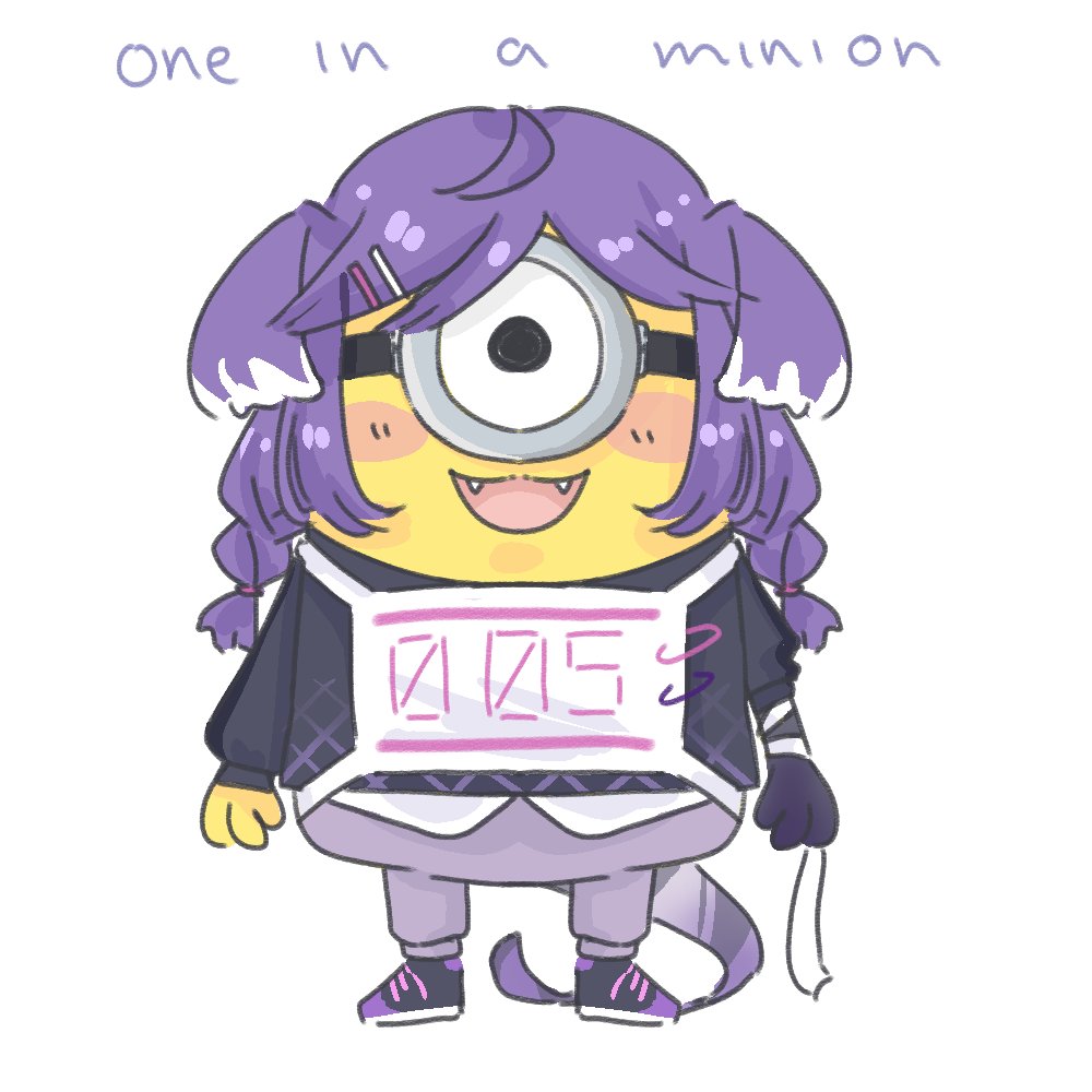 1other black_footwear black_sweater blush cosplay despicable_me english_commentary fangs goggles hachi_(hachibikii) hair_ornament hairclip head_wings minion_(despicable_me) nijisanji nijisanji_en no_humans one-eyed open_mouth pants purple_hair purple_pants selen_tatsuki selen_tatsuki_(cosplay) shoes sneakers solo sweater tail white_background