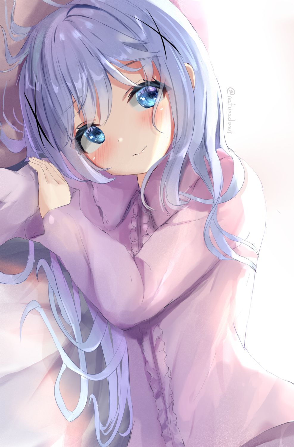 1girl bed_sheet blue_eyes blue_hair blush closed_mouth gochuumon_wa_usagi_desu_ka? hair_between_eyes hair_ornament highres kafuu_chino long_hair long_sleeves looking_away lying natuna_natu on_side pajamas solo twitter_username upper_body x_hair_ornament