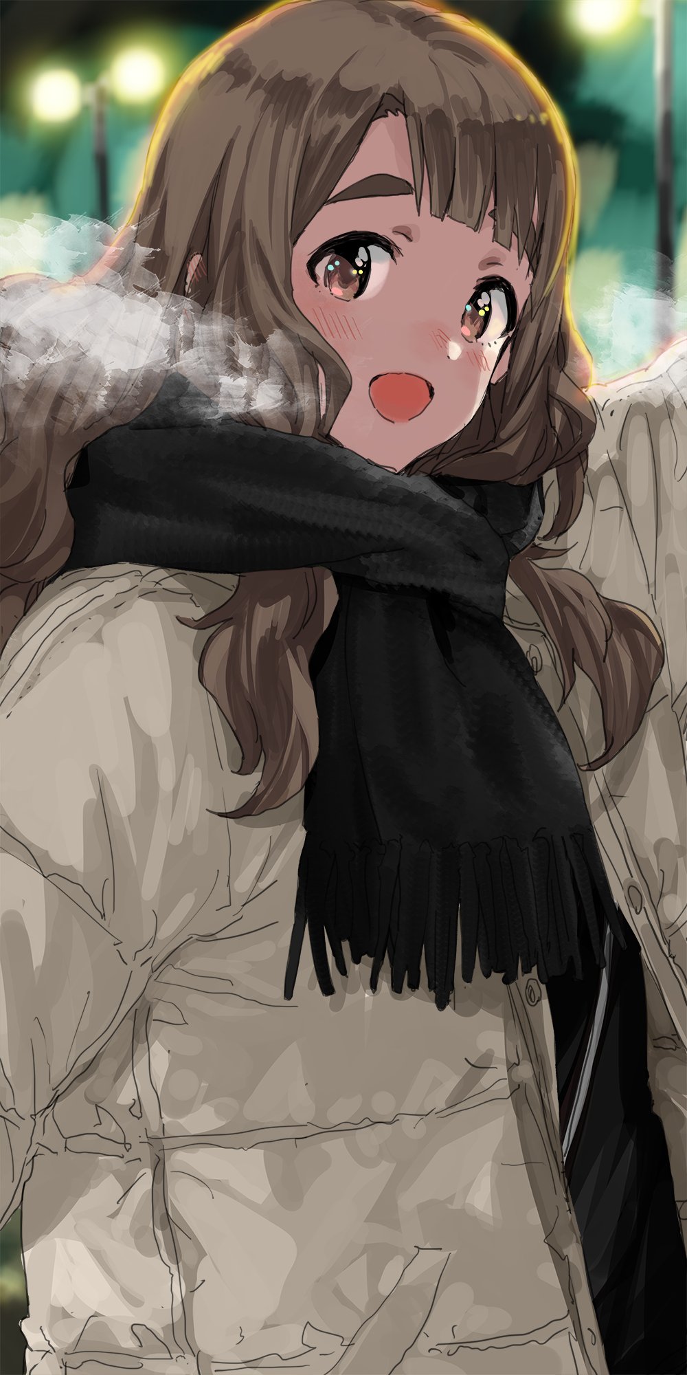 1girl :d :o bangs beige_jacket black_scarf blunt_bangs blurry blush brown_hair depth_of_field goshiki_suzu highres idolmaster idolmaster_million_live! lamppost looking_at_viewer miyao_miya padded_jacket scarf smile solo steam thick_eyebrows upper_body