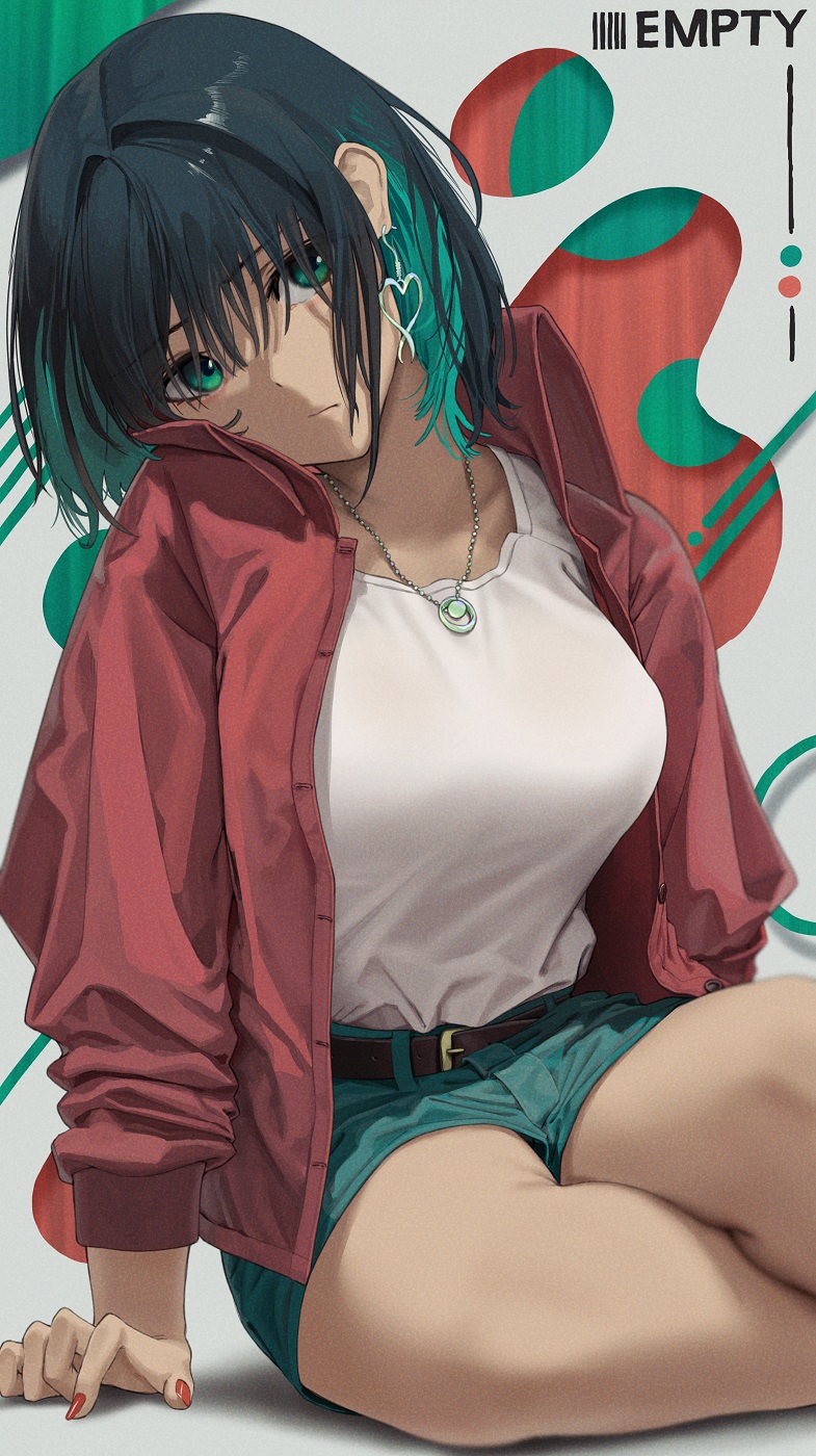 1girl arm_support bangs belt black_belt breasts closed_mouth colored_inner_hair copyright_request earrings green_eyes green_hair green_shorts head_tilt heart heart_earrings highres jacket jewelry large_breasts long_sleeves multicolored_hair nail_polish necklace noeru open_clothes open_jacket red_jacket red_nails shirt short_hair short_shorts shorts sitting solo white_shirt