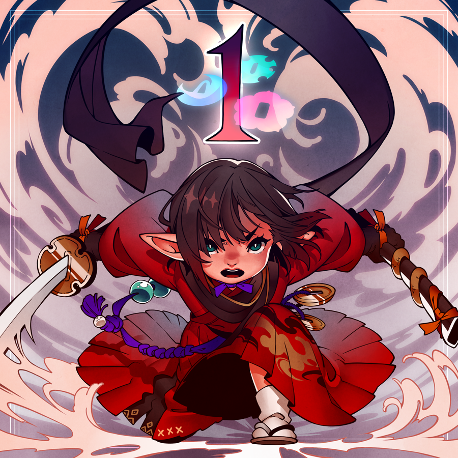1boy avatar_(ffxiv) bangs black_hair blue_eyes endy fighting_stance final_fantasy final_fantasy_xiv holding holding_sword holding_weapon japanese_clothes katana lalafell looking_at_viewer open_mouth pointy_ears samurai_(final_fantasy) sandals sheath short_hair solo sword weapon