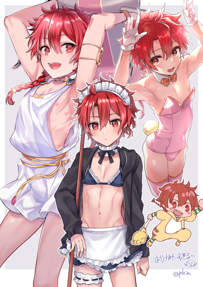 1boy alexander_(fate) animal_costume animal_print apron arched_back armpits arms_up bangs bikini bikini_under_clothes black_hoodie blush border bow bowtie bracelet braid braided_ponytail bulge character_sheet chibi collarbone commentary_request cowboy_shot crossdressing eyebrows_visible_through_hair fate/grand_order fate_(series) feet_out_of_frame flat_chest frilled_apron frilled_bikini frills full_body gloves hair_between_eyes highres holding hood hoodie jewelry kawasemi_(pocorit) looking_at_viewer maid maid_headdress male_focus male_playboy_bunny miniskirt navel nipples open_mouth otoko_no_ko oversized_breast_cup red_eyes redhead shadow shiny shiny_clothes shiny_hair skirt smile solo swimsuit teeth thigh-highs thigh_strap tiger_costume tiger_print translation_request twitter_username upper_teeth white_border white_gloves
