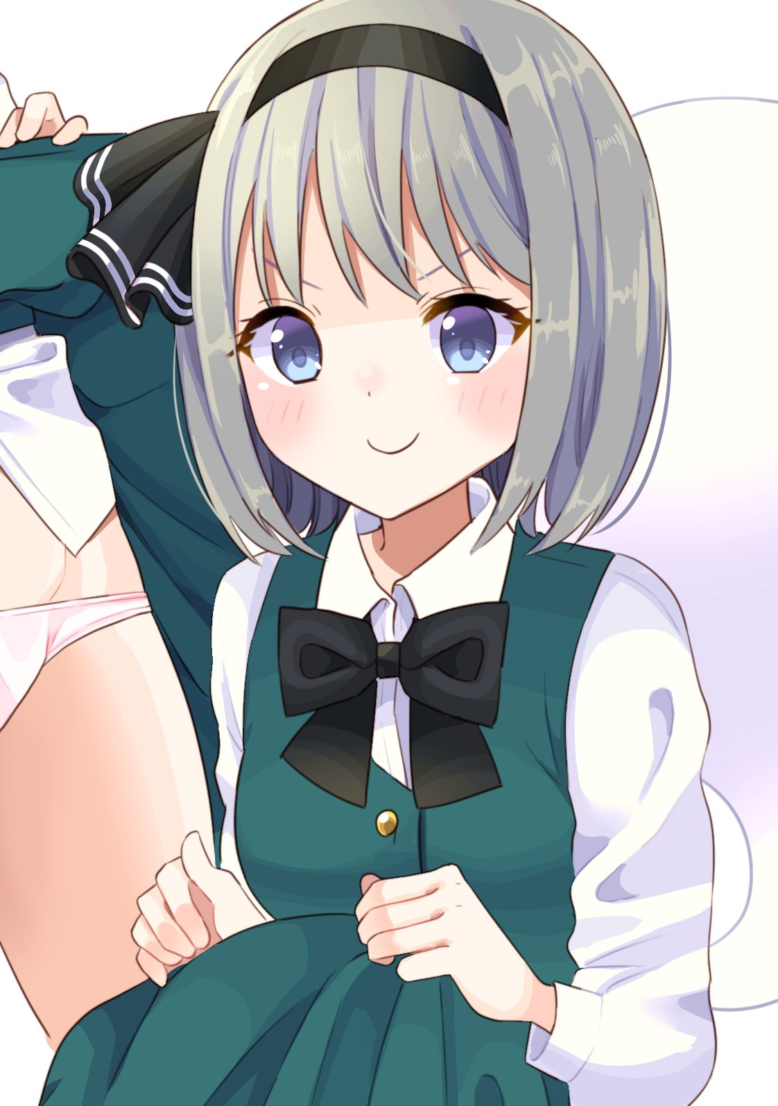 1girl bangs black_bow black_bowtie black_hairband black_neckwear blue_eyes blush bob_cut bow bowtie breasts buttons closed_mouth clothes_lift collared_shirt commentary commission eyelashes fingernails green_skirt green_vest groin hairband highres hitodama konpaku_youmu konpaku_youmu_(ghost) lifted_by_self long_sleeves medium_breasts panties shirt short_hair silver_hair simple_background skeb_commission skirt skirt_lift smile solo standing stigma1101 thighs touhou underwear upper_body v-shaped_eyebrows vest white_background white_panties white_shirt wing_collar