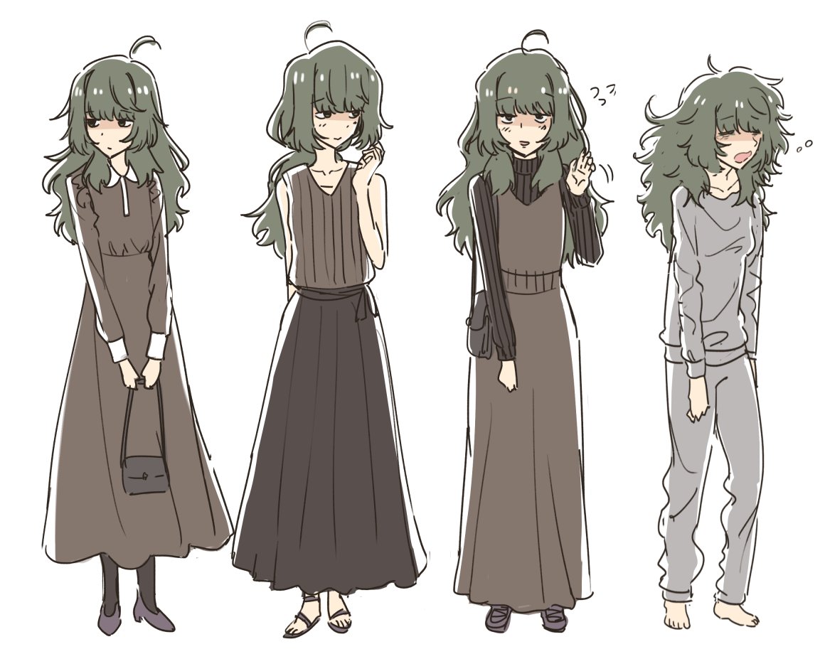 1girl ahoge bag casual character_sheet covered_eyes dress green_hair hair_over_eyes handbag looking_at_viewer messy_hair nerdy_girl's_story pajamas ribbed_dress ribbed_sweater sandals shirt sleeveless sleeveless_shirt solo sweater tsuchiya_shizuku urin waving