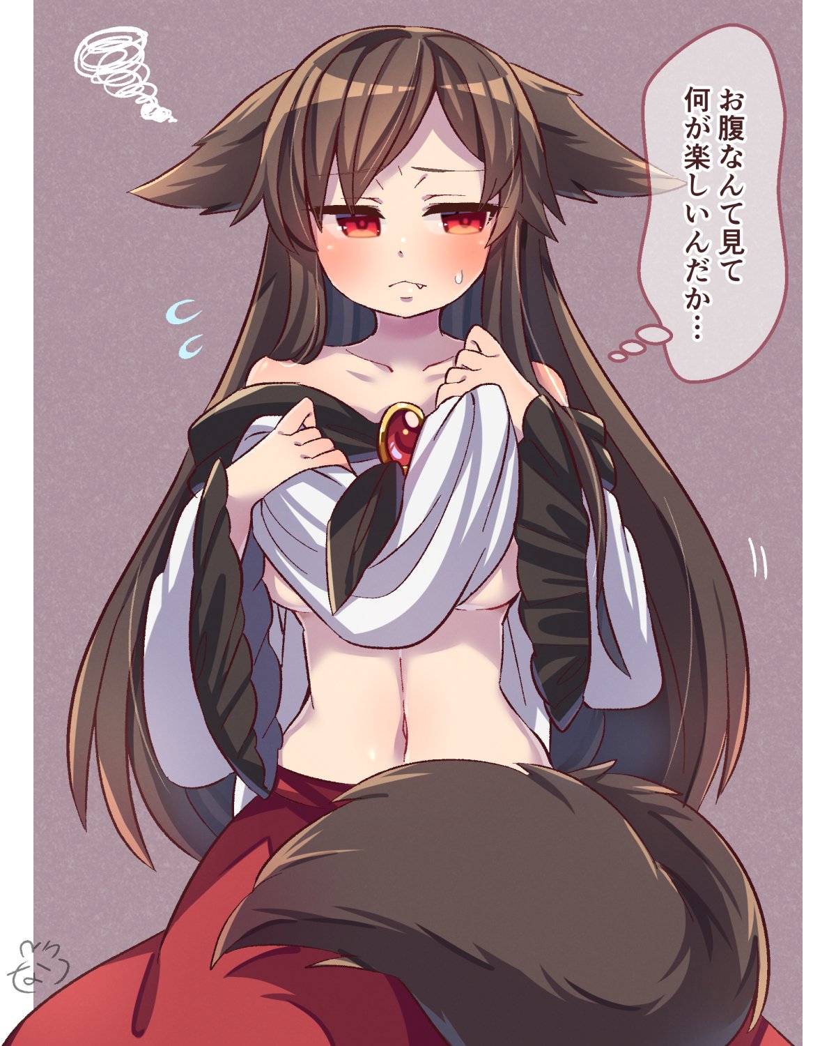 1girl :d @_@ angry animal_ears artist_logo bangs blush breasts brooch brown_background brown_hair closed_mouth collarbone commentary_request crying embarrassed eyelashes fang fang_out frilled_sleeves frills hands_on_own_face highres ibaraki_natou imaizumi_kagerou jewelry large_breasts long_hair long_sleeves looking_to_the_side multicolored_clothes navel off_shoulder red_eyes red_skirt ruby_(gemstone) shiny shiny_hair sidelocks skirt smile solo standing stomach sweatdrop tail tears touhou translation_request under_boob upper_body v-shaped_eyebrows white_sleeves wide_sleeves wolf_ears wolf_girl wolf_tail