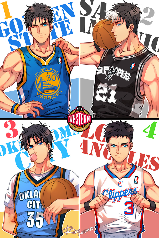 &gt;_o 4boys ball basketball_jersey basketball_uniform batman_(series) black_hair blue_eyes bubble_blowing chewing_gum closed_mouth damian_wayne dc_comics dick_grayson holding holding_ball jason_todd looking_at_viewer multicolored_hair multiple_boys one_eye_closed redrico short_hair smile sportswear streaked_hair tim_drake two-tone_hair white_hair wristband