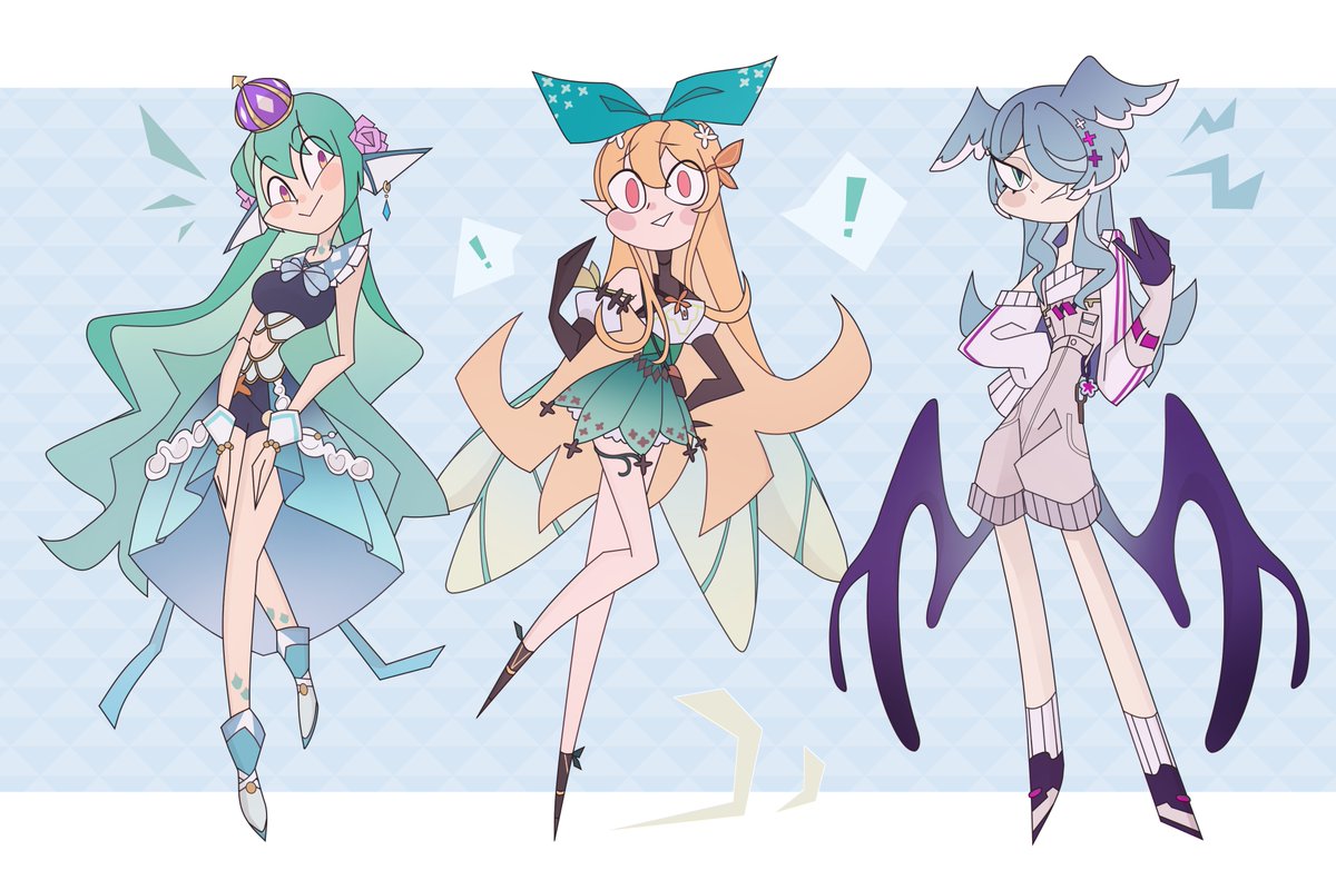 ! 3girls blonde_hair blush breasts butterfly_hair_ornament cartoonized clothing_cutout crossed_legs crown elira_pendora fairy fairy_wings finana_ryugu flower gloves green_hairband green_ribbon grey_gloves grey_overalls hair_ornament hair_ribbon hairband head_fins head_tilt lazulight low_wings medium_breasts multiple_girls navel navel_cutout nero_nee nijisanji nijisanji_en open_hand overall_shorts overalls parted_lips pointy_ears pomu_rainpuff purple_flower ribbon single_glove sleeves_past_wrists smile smirk spoken_exclamation_mark toon_(style) violet_eyes virtual_youtuber wings