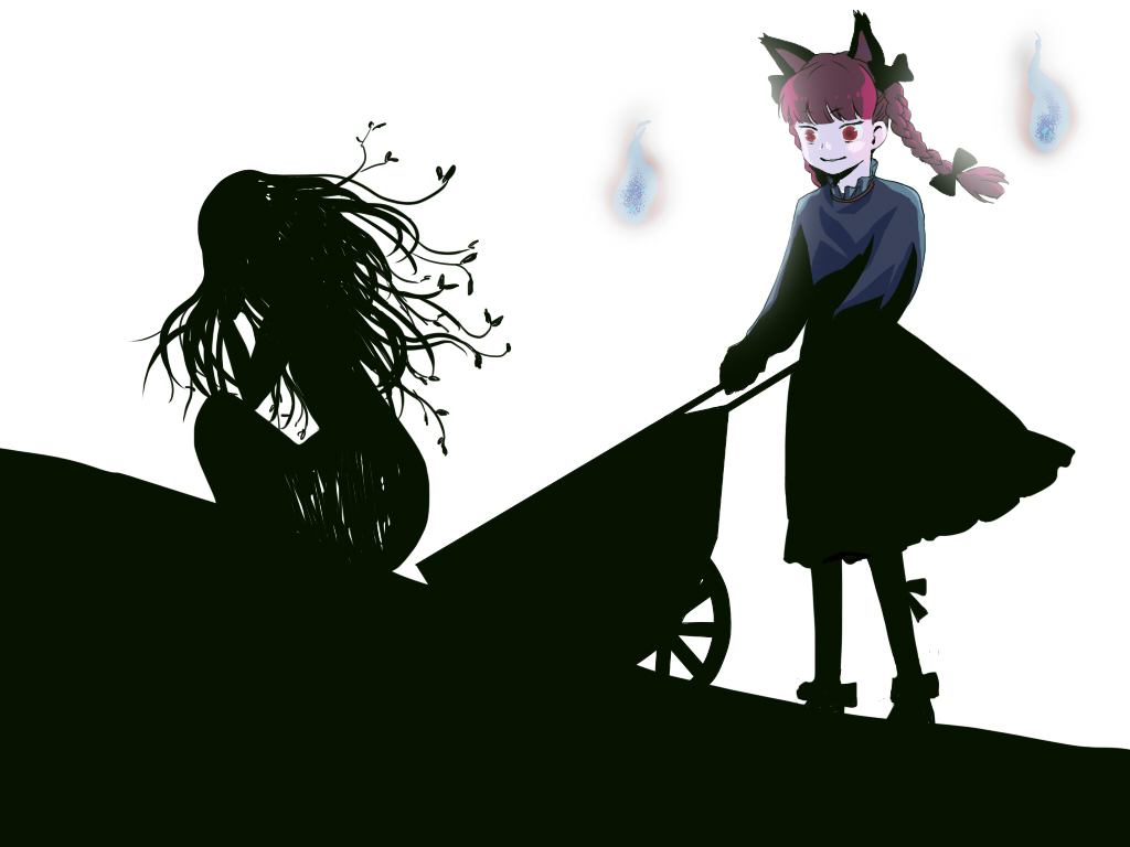 2girls animal_ears black_theme braid cat_ears elsa_maria_(madoka_magica) hitodama houzuki_(hotondo) kaenbyou_rin long_hair mahou_shoujo_madoka_magica multiple_girls red_eyes redhead shadow silhouette size_difference touhou twin_braids very_long_hair wheelbarrow white_background witch_(madoka_magica)