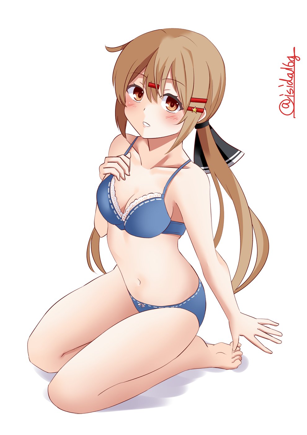 1girl black_bow blue_bra blue_panties blush bow bra breasts brown_eyes brown_hair from_above hair_bow highres ishida_arata kantai_collection long_hair looking_at_viewer looking_up low_twintails medium_breasts panties simple_background sitting smile solo tashkent_(kancolle) twintails twitter_username underwear wariza white_background
