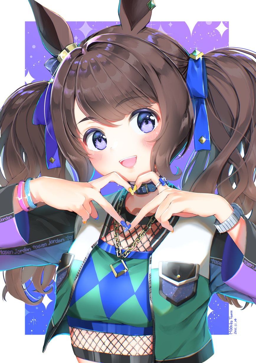 1girl animal_ears artist_name bangs belt_collar blush bracelet breast_pocket brown_hair clothes_writing collar commentary_request cropped_jacket dated eyebrows_visible_through_hair fishnets glint heart heart_hands highres horse_ears jewelry long_hair long_sleeves looking_at_viewer mochiko_tsuru multicolored_nails necklace open_mouth pocket ring smile solo teeth tosen_jordan_(umamusume) twintails umamusume upper_body upper_teeth violet_eyes watch watch