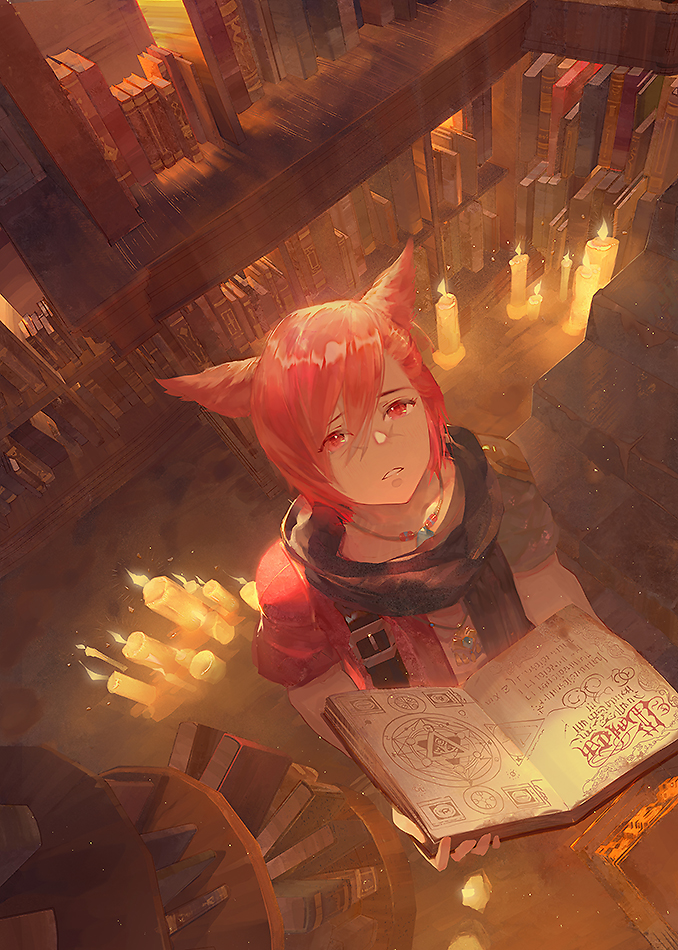 1boy animal_ears bangs book bookshelf candle cat_ears facial_mark final_fantasy final_fantasy_xiv g'raha_tia hair_between_eyes library looking_at_viewer looking_up male_focus miqo'te neck_tattoo open_book red_eyes redhead short_hair solo standing tattoo zxin