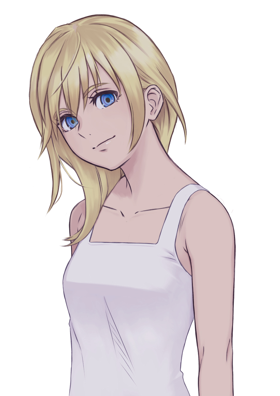 1girl bare_shoulders blonde_hair blue_eyes breasts closed_mouth collarbone dress highres kingdom_hearts kingdom_hearts_ii kusadori long_hair looking_at_viewer namine simple_background smile solo white_background white_dress