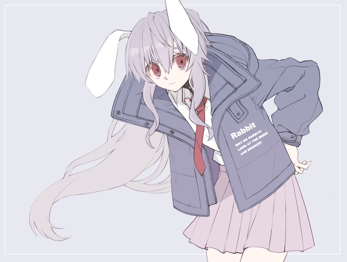 1girl adapted_costume animal_ears clothes_writing coat cowboy_shot english_text grey_background grey_coat leaning_forward long_hair long_sleeves looking_at_viewer moi2m3 necktie pink_skirt purple_hair rabbit_ears red_eyes red_necktie reisen_udongein_inaba shirt skirt solo touhou white_shirt