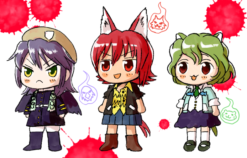 3girls animal_ears bird_wings boots eagle_spirit_(touhou) green_hair hat houzuki_(hotondo) humanization jacket mary_janes military_hat multiple_girls otter_ears otter_spirit_(touhou) otter_tail paint_splatter pants paw_print purple_hair red_eyes redhead shoes tail touhou wings wolf_ears wolf_spirit_(touhou) wolf_tail yellow_eyes