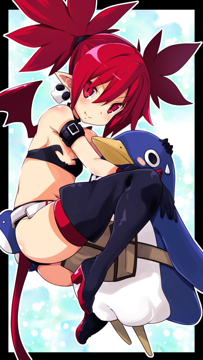 1girl bat_wings boots demon_girl demon_tail demon_wings disgaea disgaea_d2 earrings etna flat_chest highres iwashi_dorobou_-r- jewelry looking_at_viewer mini_wings navel pointy_ears prinny red_eyes red_wings redhead short_shorts shorts skull skull_earrings solo tail thigh-highs thigh_boots thighhighs_under_boots wings