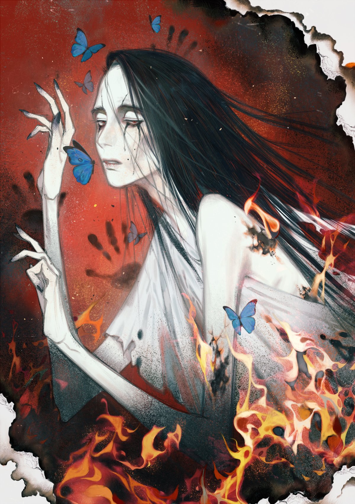 1girl bare_shoulders black_hair blue_butterfly bug butterfly dress fire ghost hand_print highres japanese_clothes long_hair original pale_skin solo wavesheep white_dress